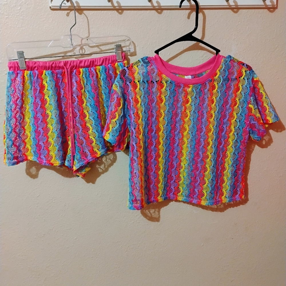 No Boundaries Neon Rainbow Crochet Coverup Set - Pink, Yellow, Blue Size Medium